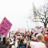Protest crowd with pink and blue sign that reads Womens Rights = Human Rights